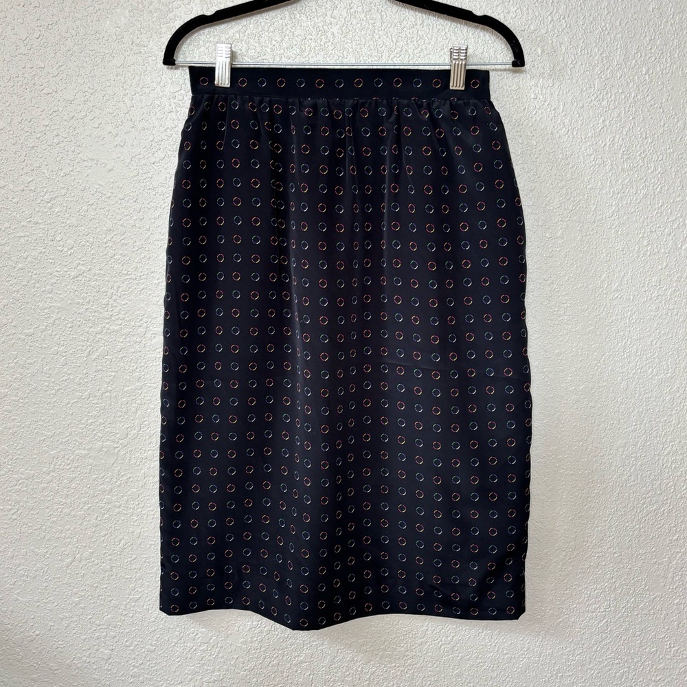 Vintage DonCaster Black & Rainbow Circle Print Midi Skirt Size 10